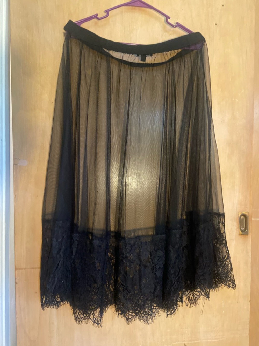 Sheer Black Lace-Hem Midi Skirt